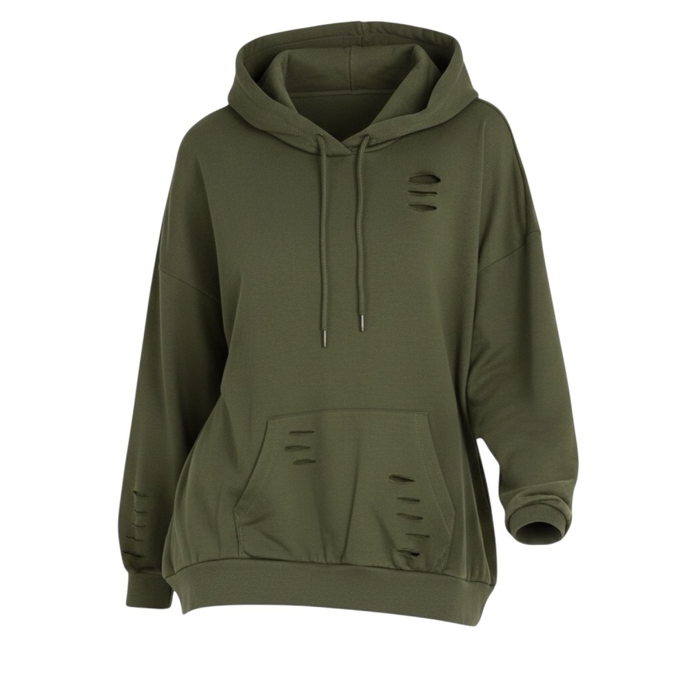 Fashion Nova Long Sleeve Deconstructed Distressed Olive Green Hoodie Unisex